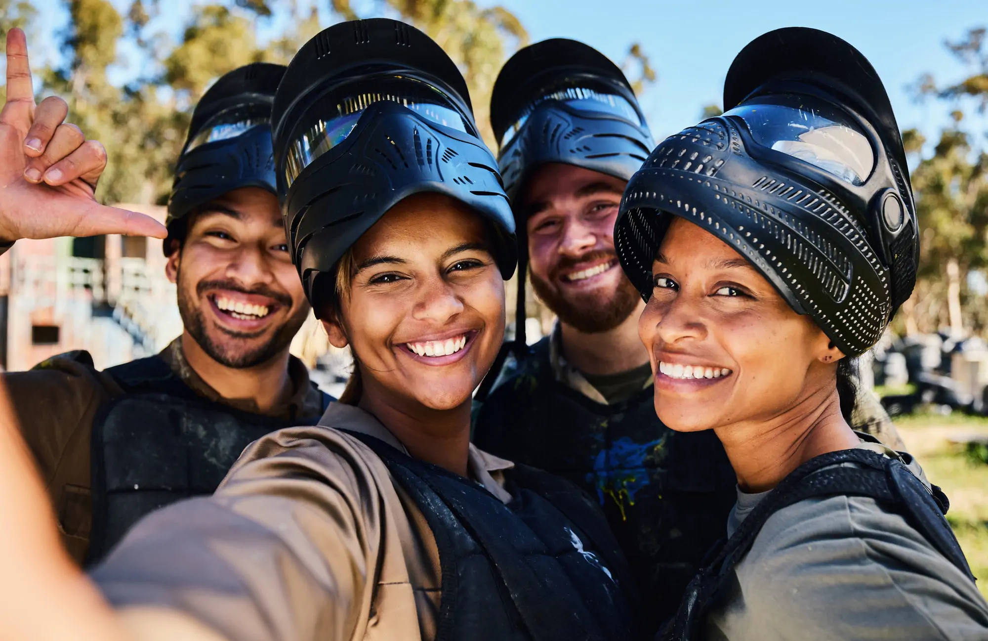 Paintball, selfie or portrait of friends smile in military training with happy profile pictures in